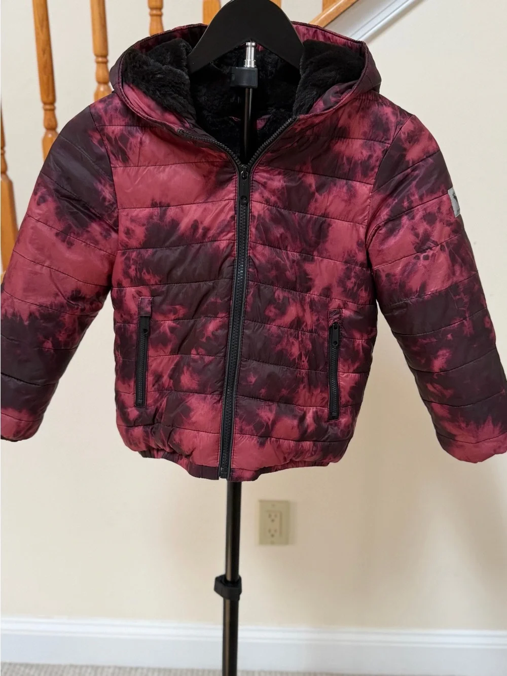 abercrombie kids Burgundy and Black Tie-Dye Hooded Puffer Jacket
